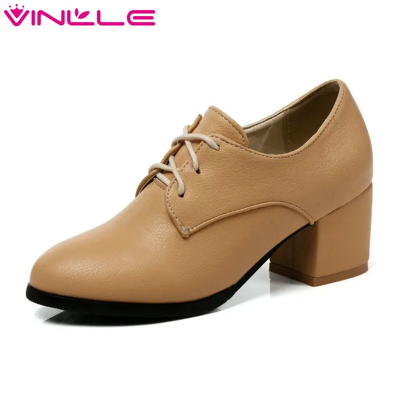 

VINLLE 2018 Women Shoes PU Leather Square High Heel Woman Shoes Platform Western Style Black Ladies Wedding Pumps Size 34-43