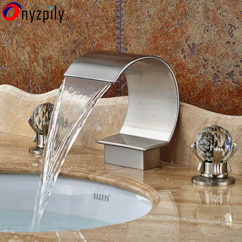 Curved Spout Bathroom Faucet Waterfall Brushed Nickel Basin Tub Mixer