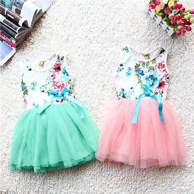 

2016 NEW Arrive Girls Baby Princess Party Flowers Print Floral Tops Bow Tutu Dresses Sundress