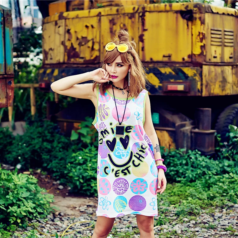 2019 summer women's new smiley digital print loose large size vest pullover dress tide section sling jacket women