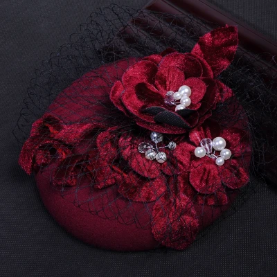 

Handmade Elegant Burgundy&Pink Tulle With Imitation Pearls Veils 2017 Beautiful Bridal Flower Bridal Wedding Hats for Women