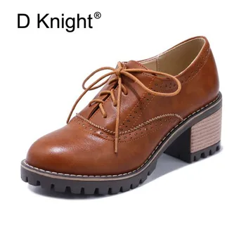 

Ladies Casual Square High Heels Oxfords Shoes Vintage Carved England Style Women Oxfords Young Ladies Leisure Brouge Pump Shoes