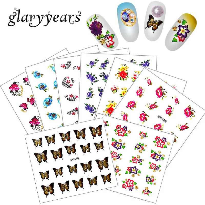 

glaryyears 1 Sheet Water Transfer SY Nail Art Sticker Flash Gold Glitter Flower Tattoo Decal for Women DIY Nail Art Design Paper