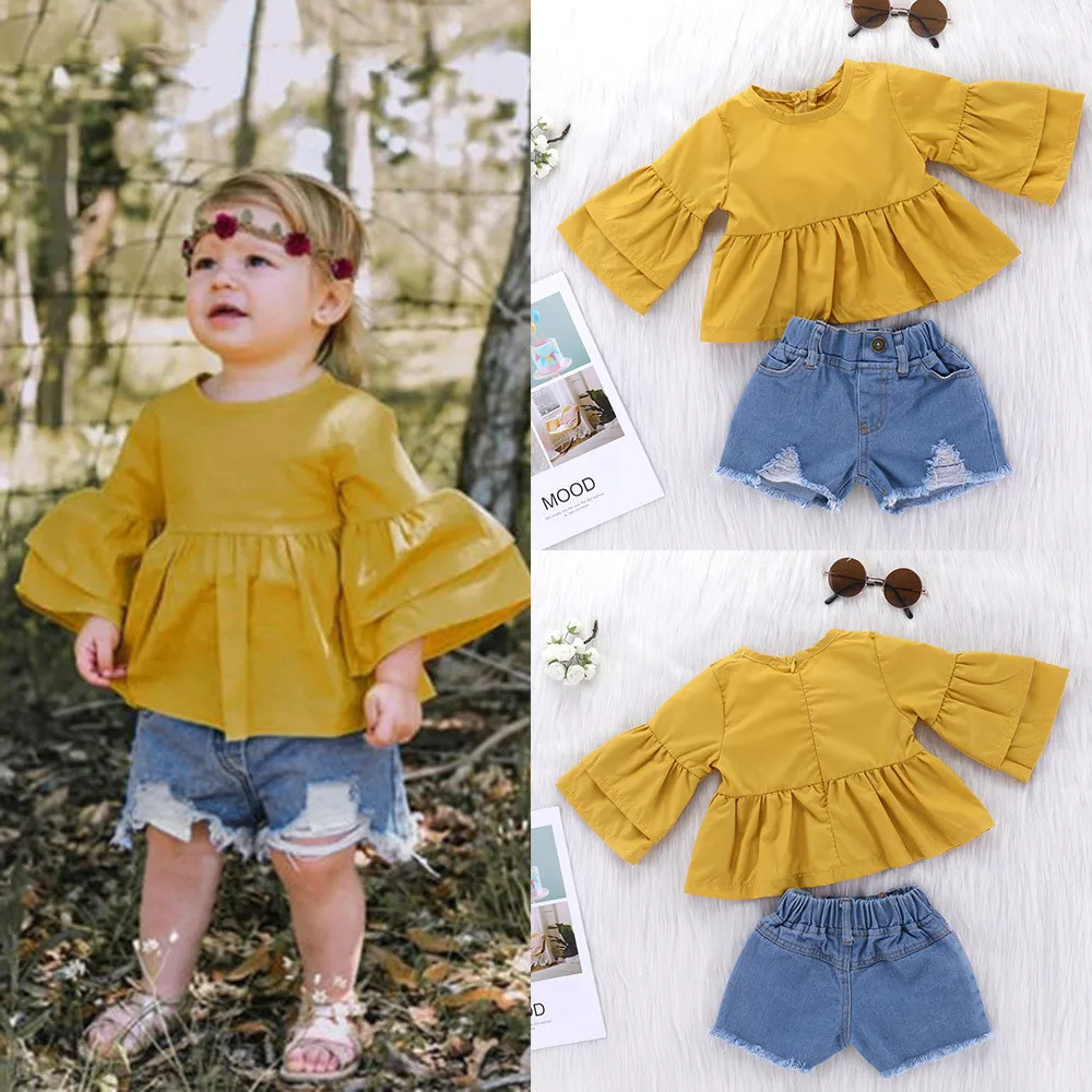 

2Pcs Toddler Kids Baby Beautiful Little Princess Solid Tops+Denim Shorts Outfits Clothes Set Fresh And Beautiful Flower Clothes