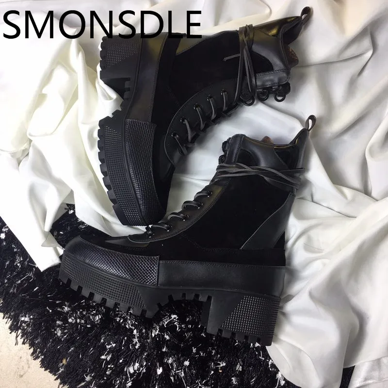 

SMONSDLE New Genuine Leather Rome Gladiator Cross Tied Women Ankle Boots Round Toe Chunky Heel Women Warm Boots Shoes Woman