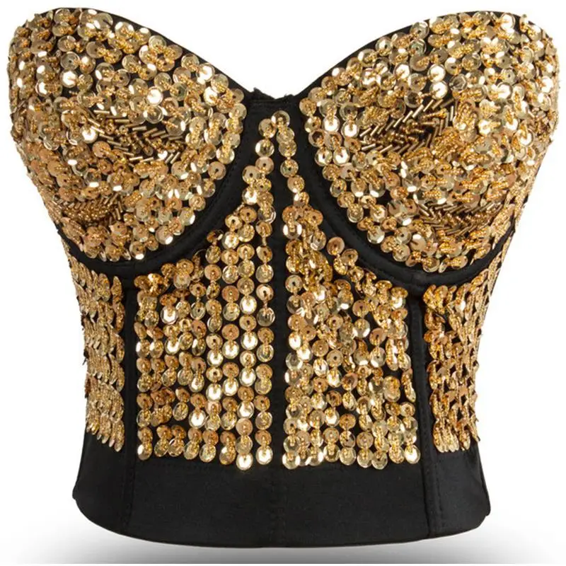 Gold Sequins Lingerie Female Sexy Underwear Strapless Bras For Women Plus Size Push Up Bralette Tops Outfit Party Wear