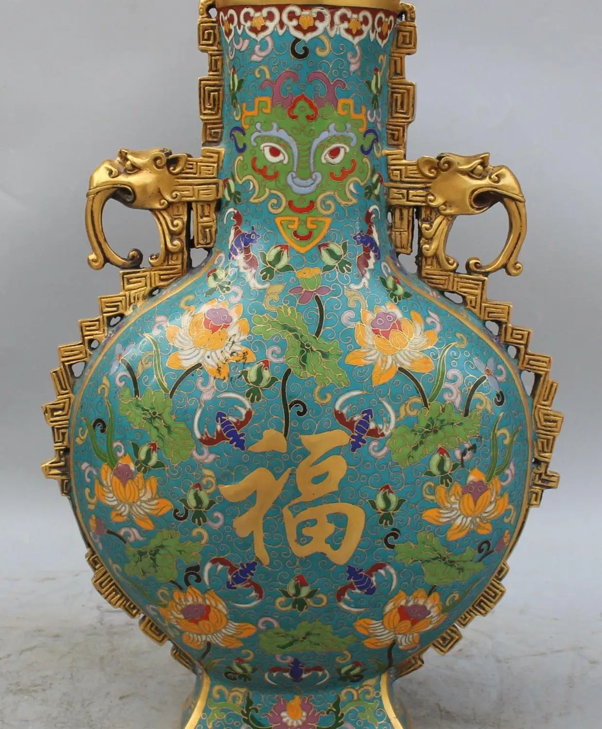 

16"Cloisonne Enamel 24K Gold Elephant Dragon Beast Bat Lotus Vase Bottle Jar Pot
