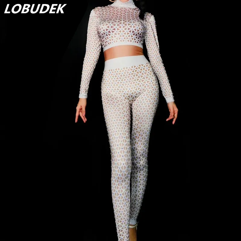 

White Nude Printing Bling Crystals Jumpsuit Sexy Stretch lattice Bodysuit Bar Female DJ Singer Costume Party Show Stage Outfits