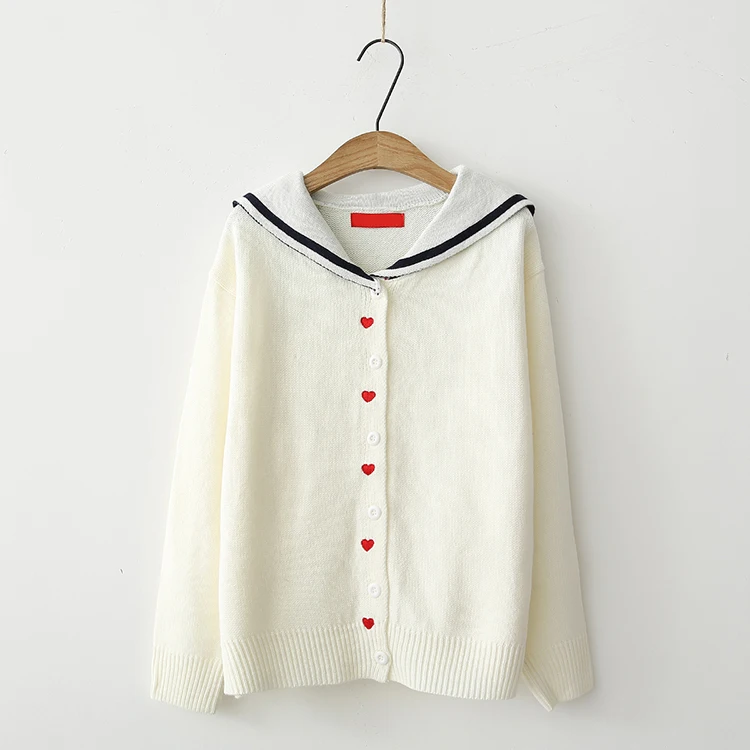 placket sweet Heart embroidery sailor collar knitted Cardigan sweater 2018 autumn winter mori