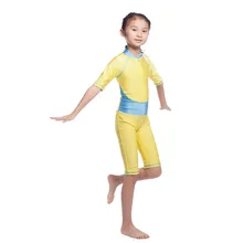 q Children Girl Muslim Islamic Swimwear Conservative Swimsuit Yellow Pink One Piece Patchwork