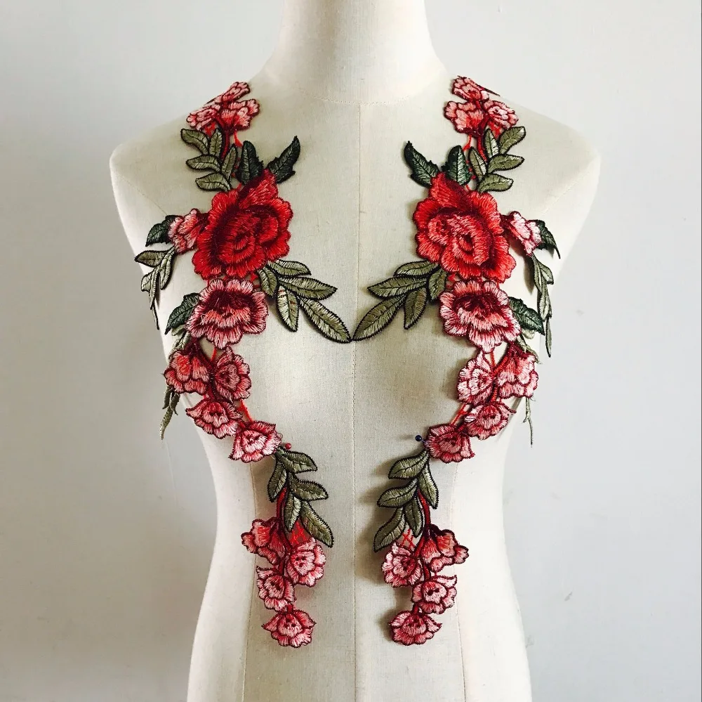 

2pcs Beautiful Red Rose Flower Floral Collar Sew Patch Applique Badge Embroidery Dress Handmade Craft Ornament Fabric
