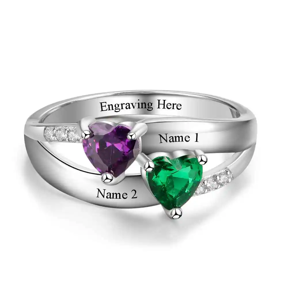 Double Heart Birthstone Ring Personalized Custom Engrave Names Promise Rings 925 Sterling Silver Jewelry (JewelOra RI103276)