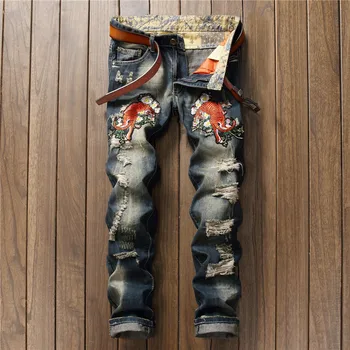 

Embroidery Tiger Men Jeans Hole Distressed Bleached Washed Male Cowboy Straight Casual Floral Denim Fashion Jeans