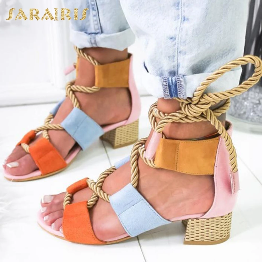 

Sarairis INS Style Ankle-wrap Colorful Chunky Heels Summer Party Shoes Woman Sandals Leisure Big Size 35-43 Gladiator Sandals