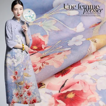 

Pear printing silk linen fabric cheongsam silk fabric for dress breathable natural linen fabric wholesale linen cloth