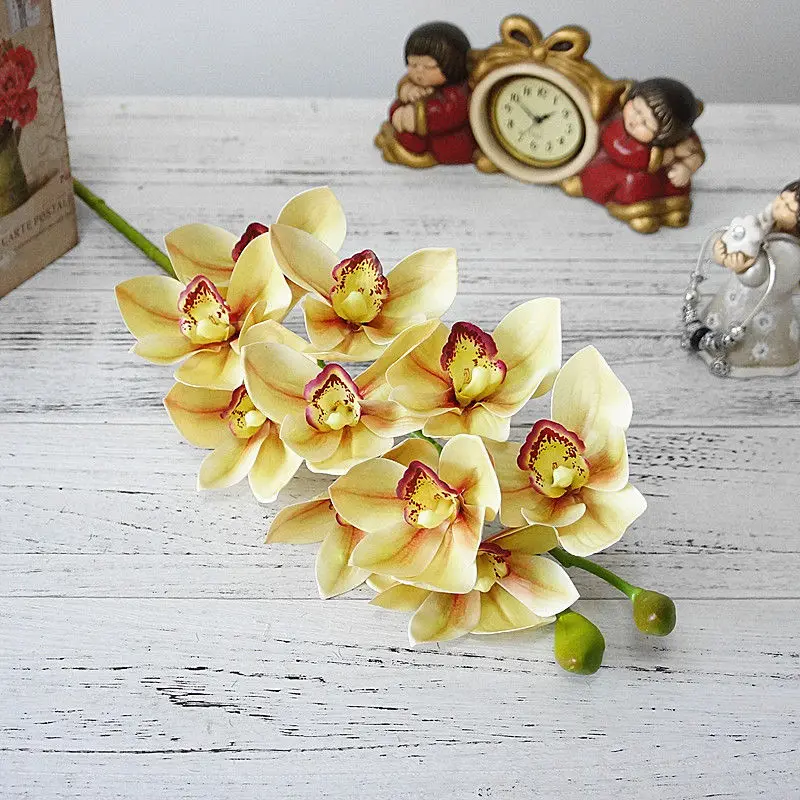 Настоящее прикосновение 3D печать искусственный цветок орхидеи Cymbidium латексный имитирующий цветок для украшения дома и свадьбы - Цвет: Light yellow