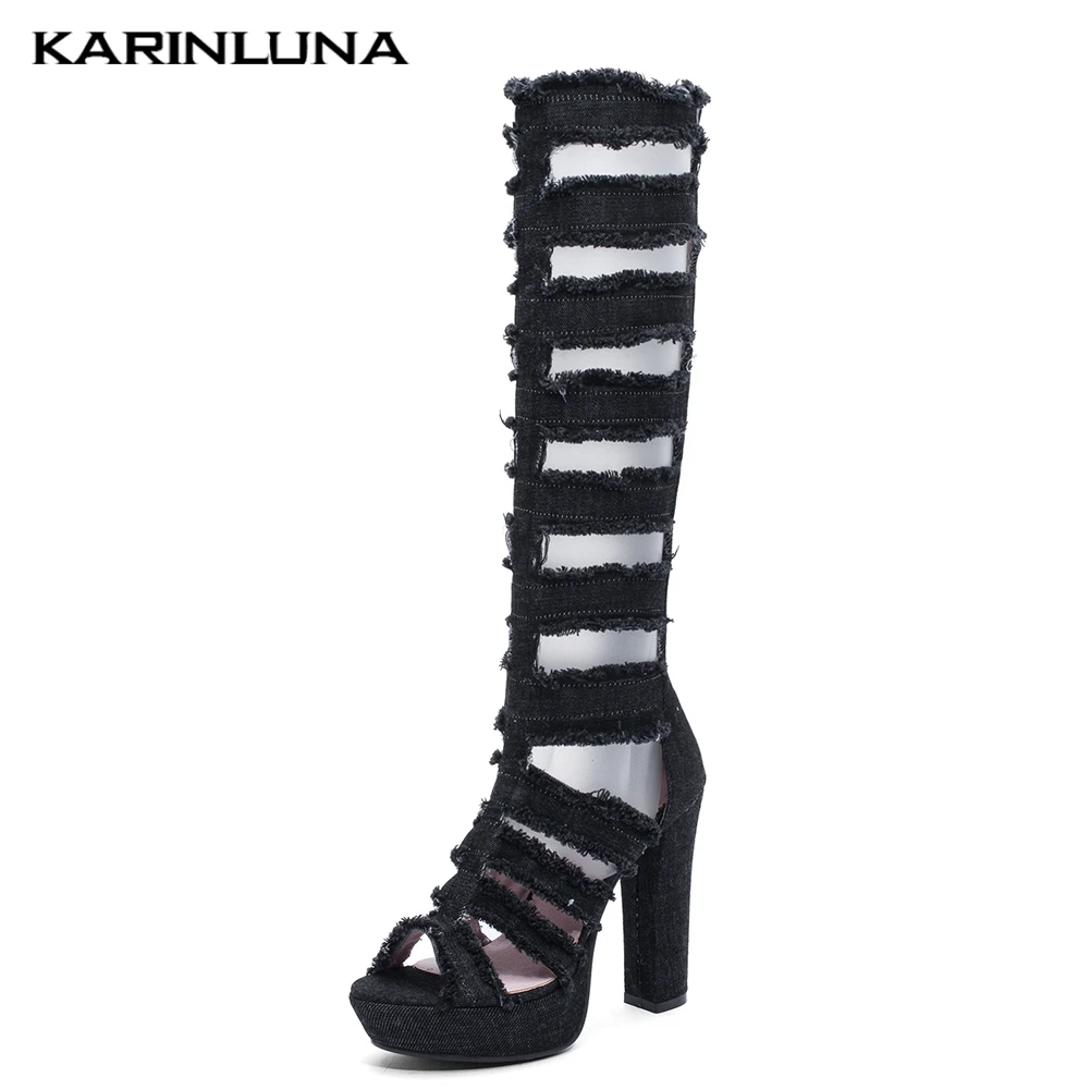 

Platform denim summer boots women's shoes Summer large Size 43 Cool women's super High Heels Shoes Woman knee high boots