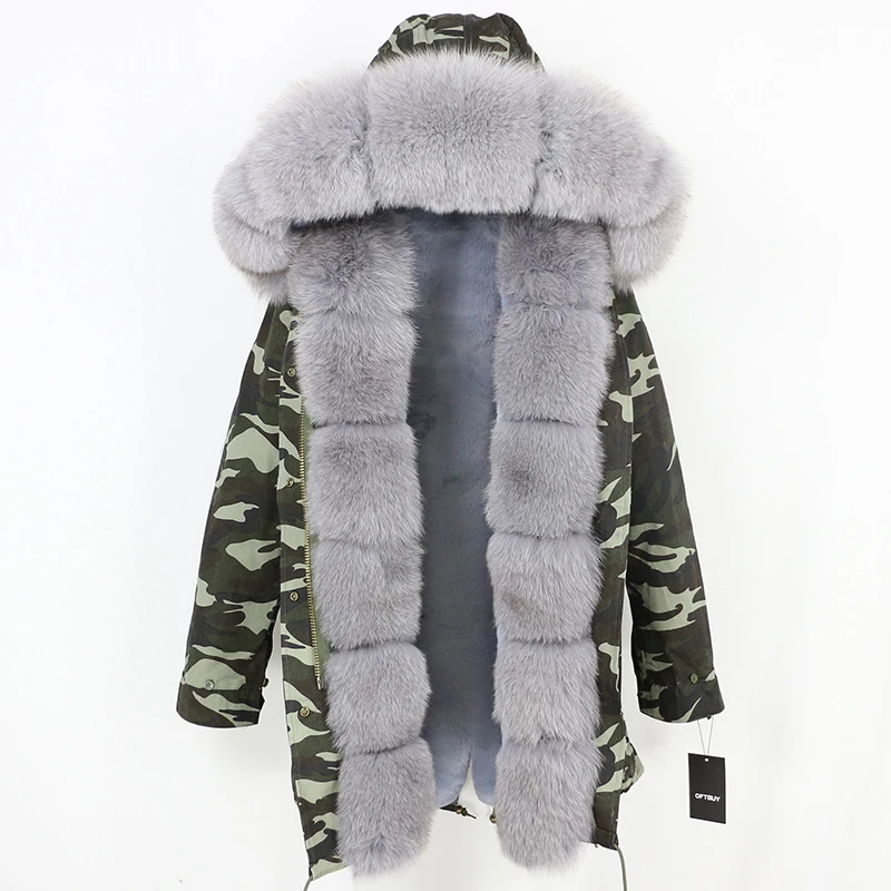 OFTBUY длинная парка, пальто с натуральным мехом, зимняя куртка для женщин, Воротник из натурального Лисьего меха, Толстая теплая брендовая Роскошная Съемная уличная одежда - Цвет: green camo grey
