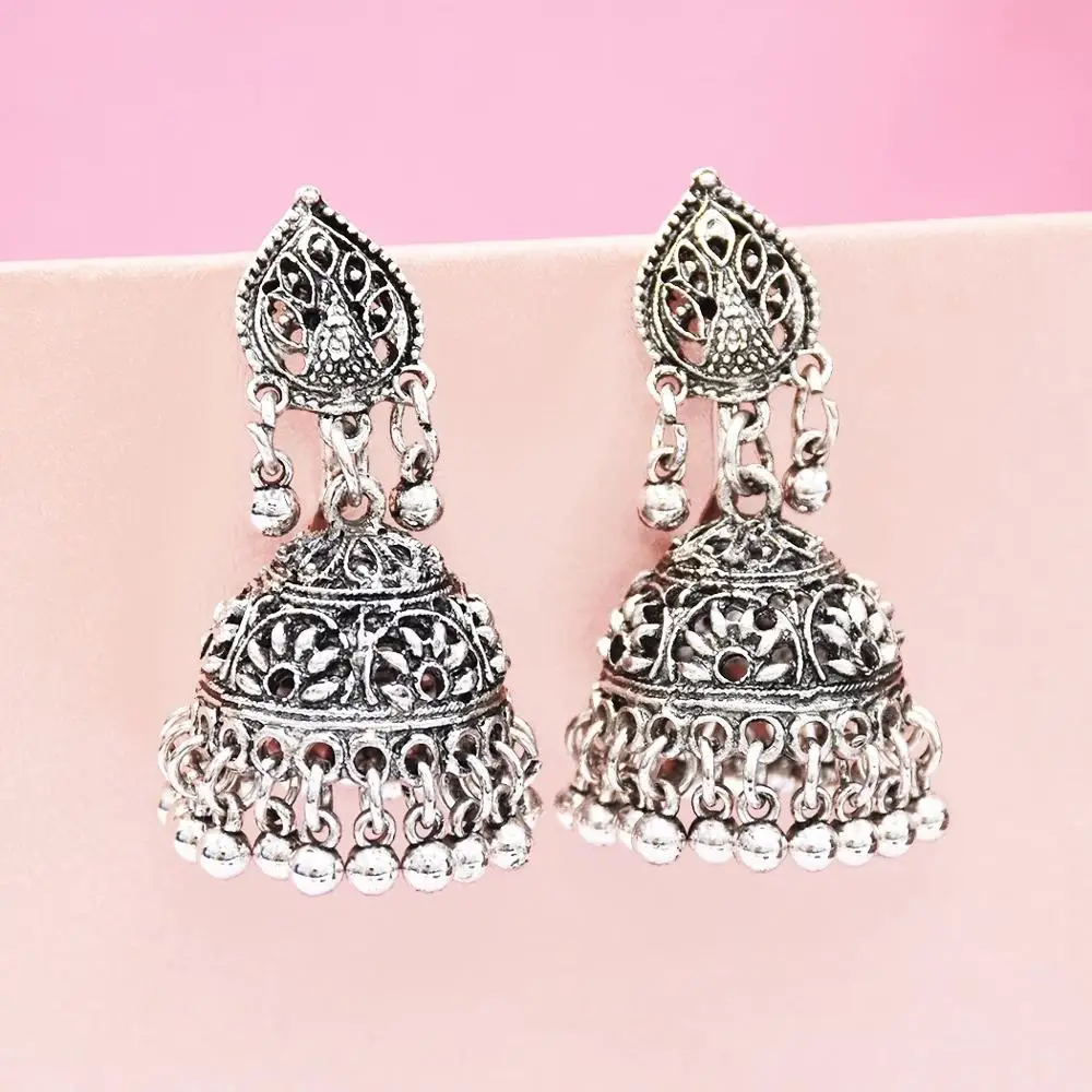 

oxidized Plated Jhumka Indian Unique Ethnic Bollywood Bells Drop Small Silver Earrings For Girl Lady Wedding Gypsy Tibet Jewelry