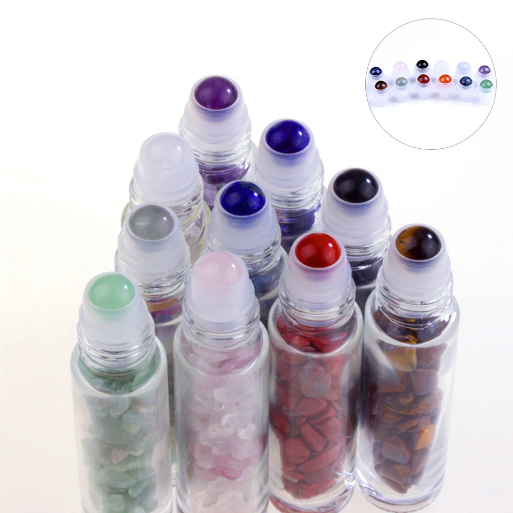 Портативные 10 шт. бутылки с натуральным эфирным маслом 10 мл полудрагоценные камни роликовые бутылки прозрачные стеклянные бутылки случайного цвета