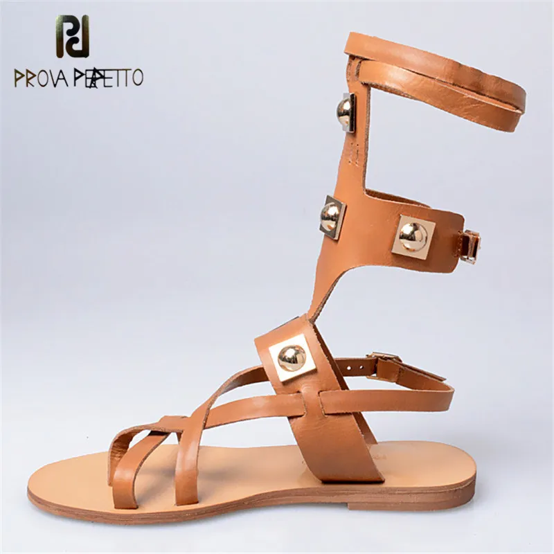 

Prova Perfetto Rome Fashion Show Summer Cow Leather Casual Sandals Boots Buckle Hollow Out Solid Color Women Necessary Sandals