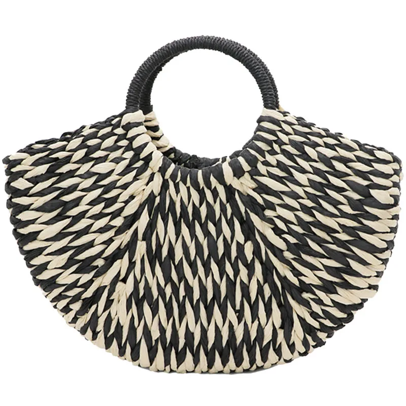 

New Summer Handmade Bags Women Pompon Beach Weaving Ladies Straw Bag Wrapped Beach Bag Moon Shaped Bag
