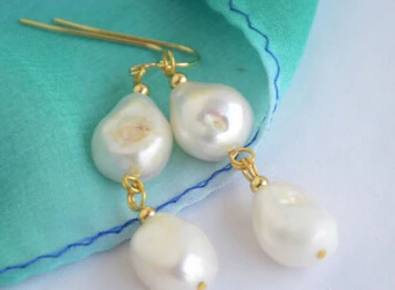 

hot sell new - free shipping 13377 2line 12-13mm white baroque freshwater pearl dangle earring