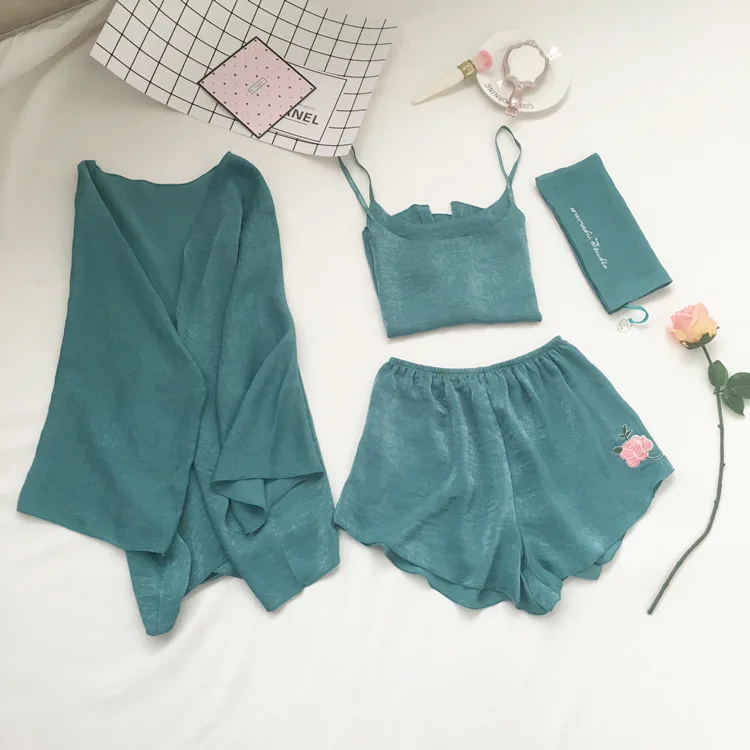 Yomrzl A445 Новое поступление, летний женский пижамный комплект из 4 предметов, комплект для сна с вышивкой розы, одежда для сна, домашняя одежда