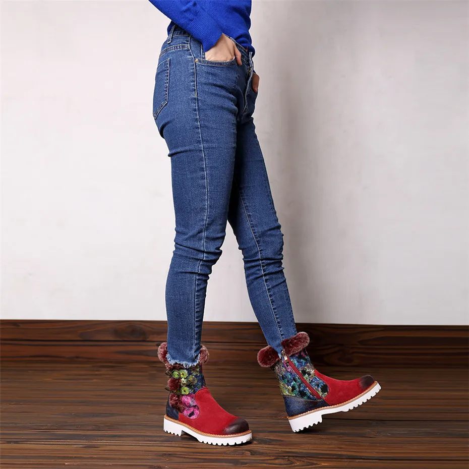 2019 New Rabbit Fur Snow Boots Women Shoes Genuine Leather Casual Comfortable Women's Boots Retro Ladies Short Plush Flats Boots (1)
