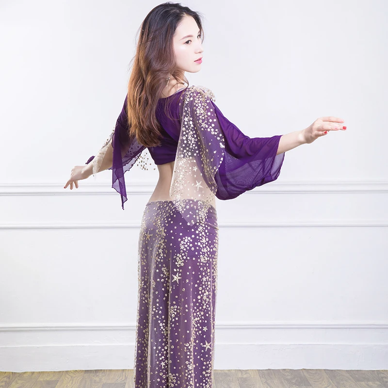 Новый живот женский костюм для танцев фиолетовые блестки тренировочная одежда Профессиональный Восточный Костюм для танцев для женщин