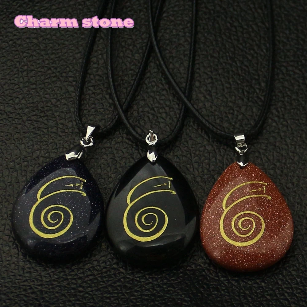 

Religion Nordic mystical Reiki symbols DAI KO MYO Natural Crystal quartzite stones pendant necklace with Leather Strap man/women