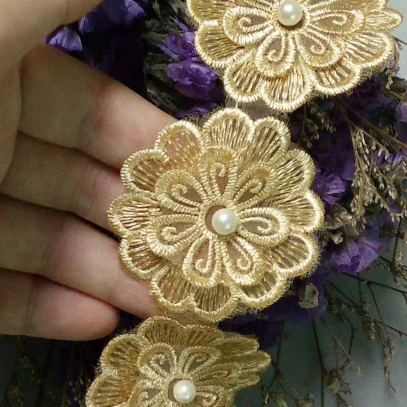 

5pcs Gold 5cm Pearl Diamond Flower Embroidered Lace Trim Applique Fabric Lace Ribbon DIY Sewing Craft For Costume Hat Decoration
