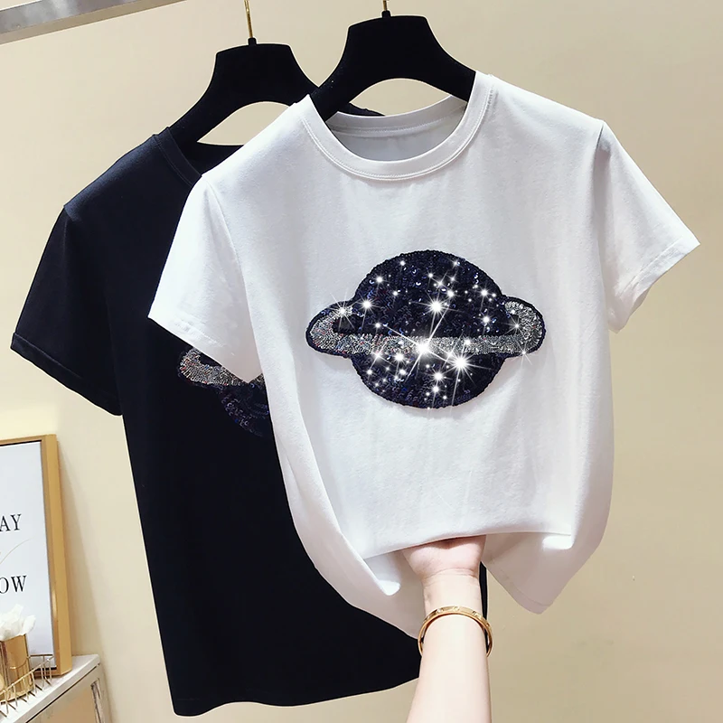 Женские футболки, новинка, летние топы с круглым вырезом и коротким рукавом, сверкающие блестки, вышитая планета, футболка, белая, черная, Повседневная футболка