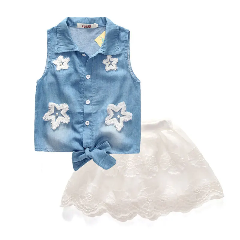 2018 جديد عارضة الأطفال مجموعات الزهور الأزرق T-قميص + الأبيض السراويل مع حزام PU الفتيات مجموعة ملابس الاطفال الصيف دعوى