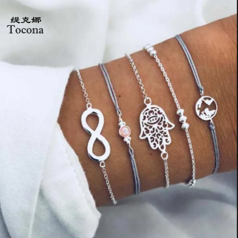 

Tocona 5Pcs/set New Arival Bohemia Bracelets Siver Color Hollow Map Geometric Hand Adjustable Bangle Women Ladies Jewelry B15109
