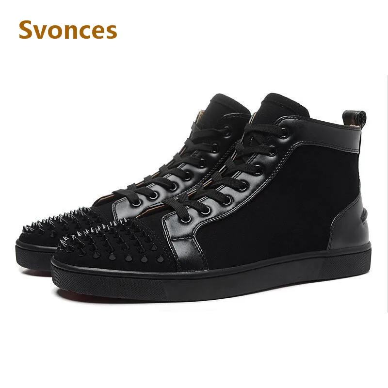 New Unisex Popular Black PU Flock Mens Boots Lace-Up Spikes Rivets Bottom Flats Casual Shoes Men Luxury Designer Studded Fashion | Обувь