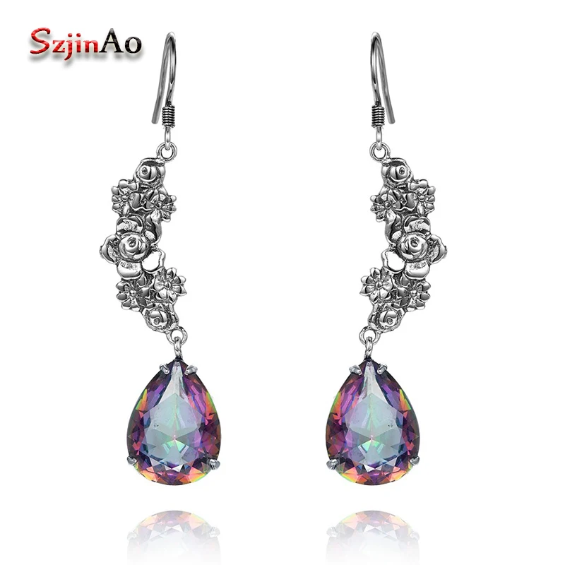 

Szjinao Unique Vintage 925-Sterling-Silver Water Drop Floral Shape Rainbow Topaz Earring Bohemian Wedding Indian Jewelry
