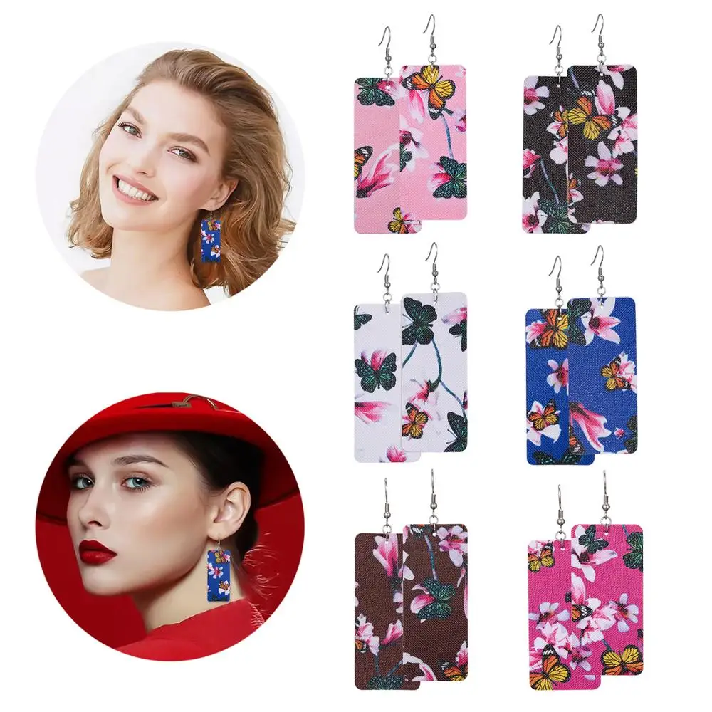 

Rinhoo 1Pair Simple Square Water Drop Geometric Shape Colorful Flower Printed Drop Earrings Women Fashion Exquisite Jewelry Gift