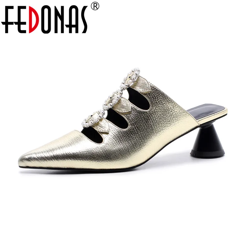 FEDONAS Women Genuine Leather Shoes High Heel Beading Buckles Women Pumps Gold Pointed Toe Fashion Ladies Wedding Shoes Woman