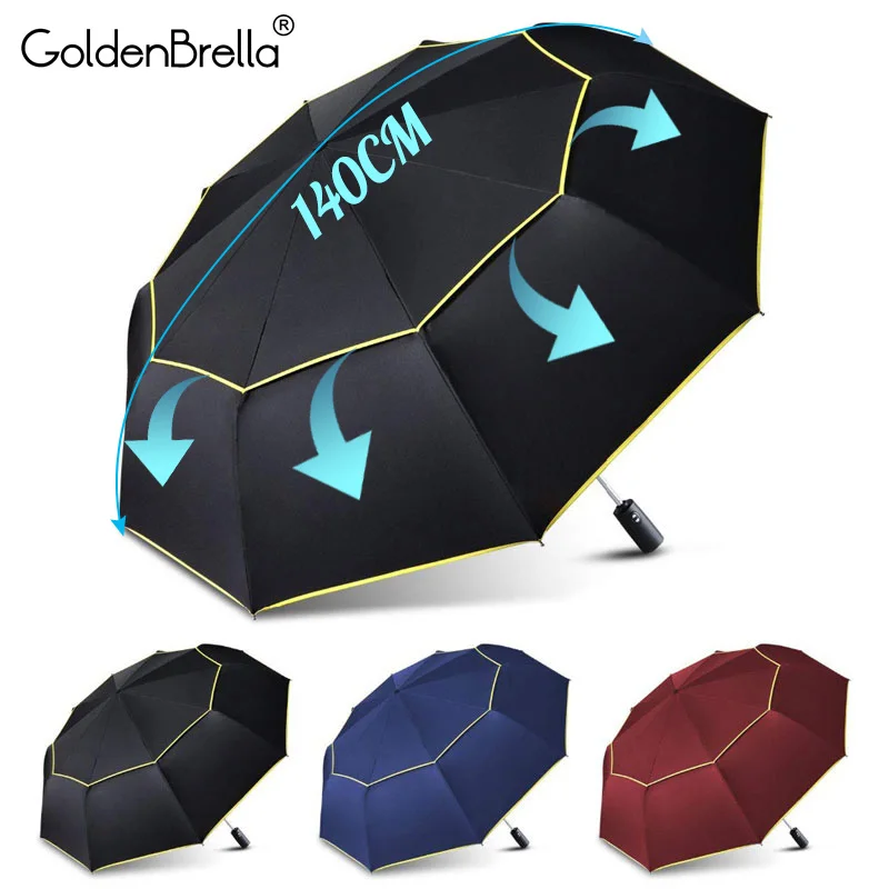 Online 120CM paraguas doble automático grande lluvia mujeres 3 paraguas plegable resistente al viento gran paraguas para hombres familia viajes de negocios paraguas para coche