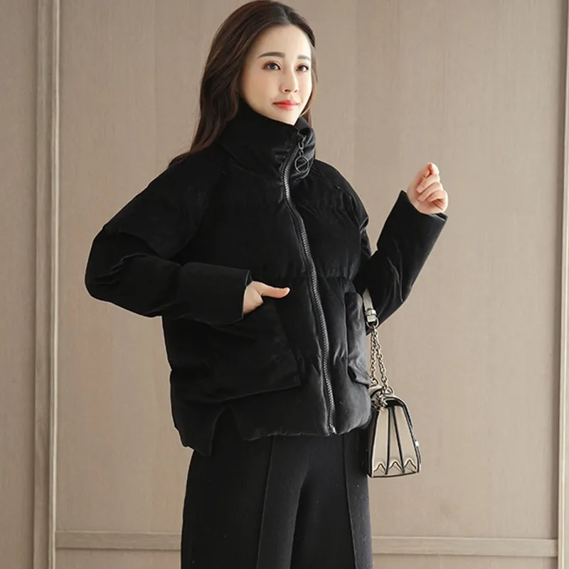 UHYTGF Новая женская зимняя куртка, стильный пуховик, короткая парка для женщин, модная бархатная хлопковая теплая верхняя одежда со стоячим воротником 986 - Цвет: black