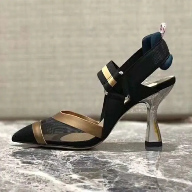 

Summer Fashion Runway Shoes Mesh Patchwork Designer Sandals Women Pointed Toe Elastic Band Sexy Slingback High Heel Shoes Woman