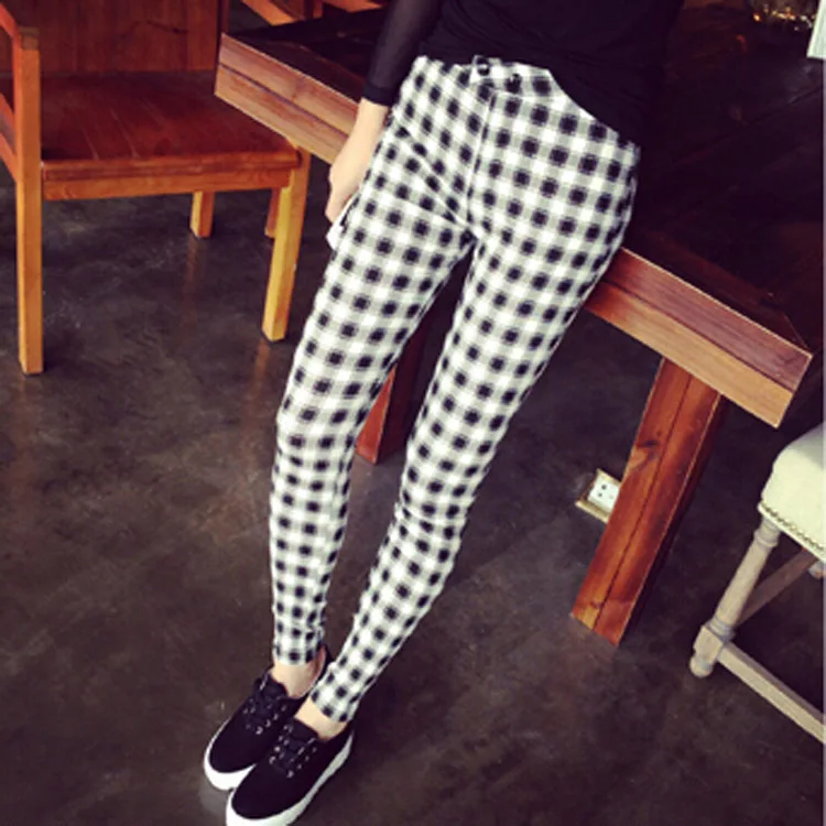 2014 new women's autumn and winter 2096 # Slim was thin elastic waist plaid pants casual feet | Женская одежда