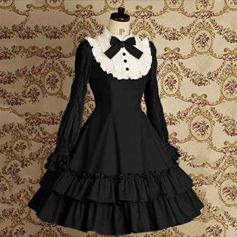 

Sweet Girls Vintage Slim Cotton Dress Lolita Classic Mary Magdalene Women Bow Tie Ruffle Layer Princess Mini Costume For Ladies