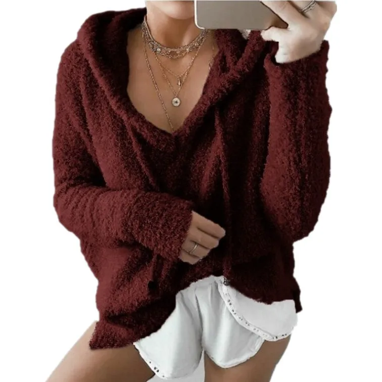 Зимние мохеровые пуловеры с длинными рукавами, толстовки для женщин, каваи, одноцветные, негабаритные, толстовка, женское плотное пальто, зимняя Свободная Толстовка - Цвет: WINE RED