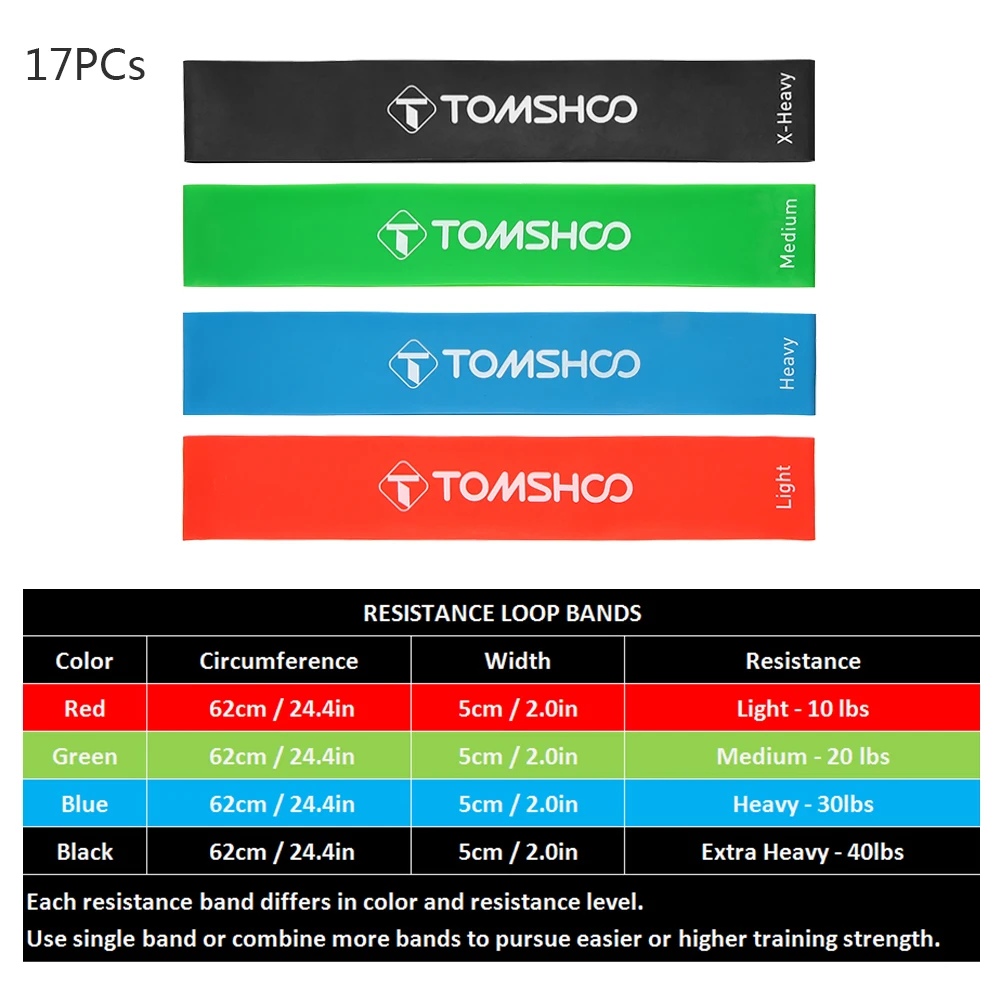 TOMSHOO, 17 шт. резинок для фитнес экспандер, эспандер, оборудование для упражнений, эластичная лента для упражнений, пилатес