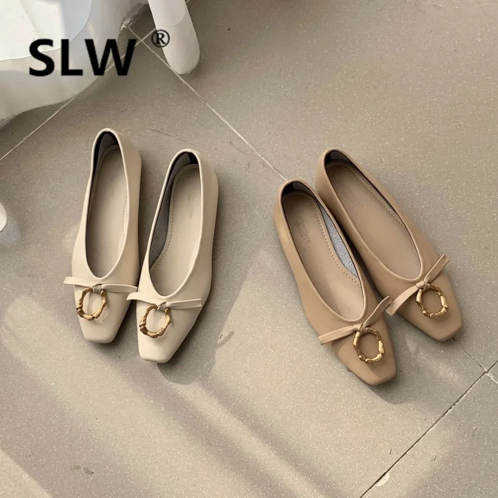 

new Shallow Slip-On 2019 Party Metal Decoration Lace-Up Butterfly-knot spring Square Toe Fabric Boat Shoes PU women flat Rubber