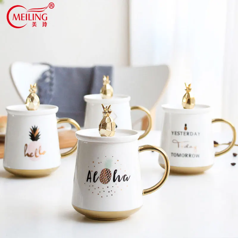 

Personalized Ceramic Travel Mug With Gold Pineapple Lid Large Coffee Tea Mug Cup Tableware Decor Unique Mother Friends Boss Gift