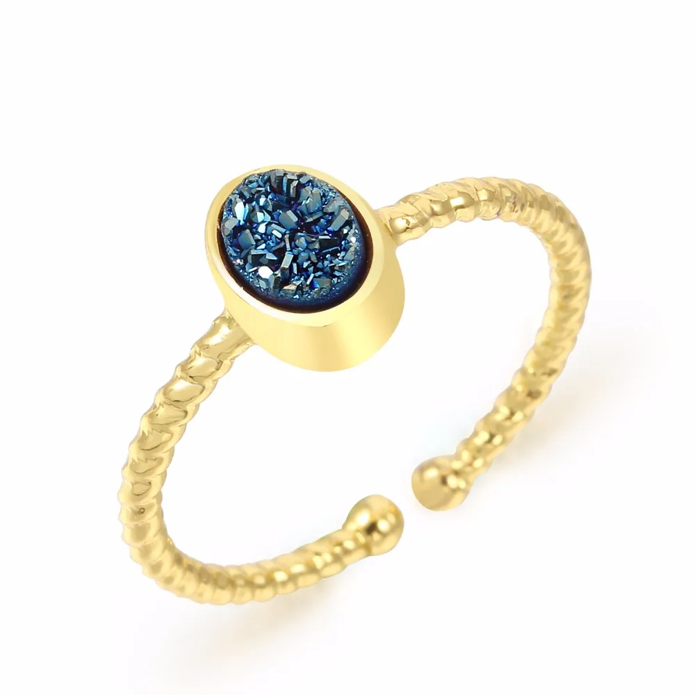 Small Oval Druzy Open Gold Color Finger Rings Drusy Natural Stone Hand Cuff Ring Party Jewelry