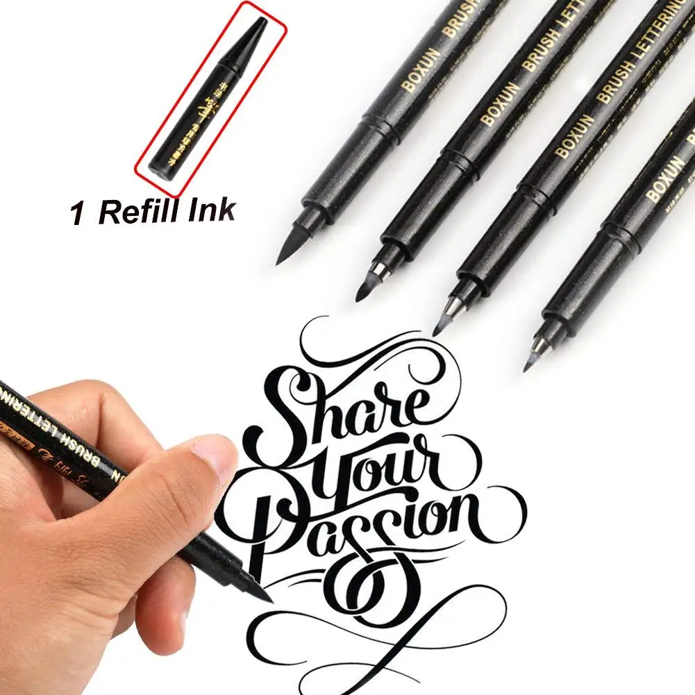 Refill Brush Marker Pens for Lettering 4 Size Black Calligraphy Ink Pen